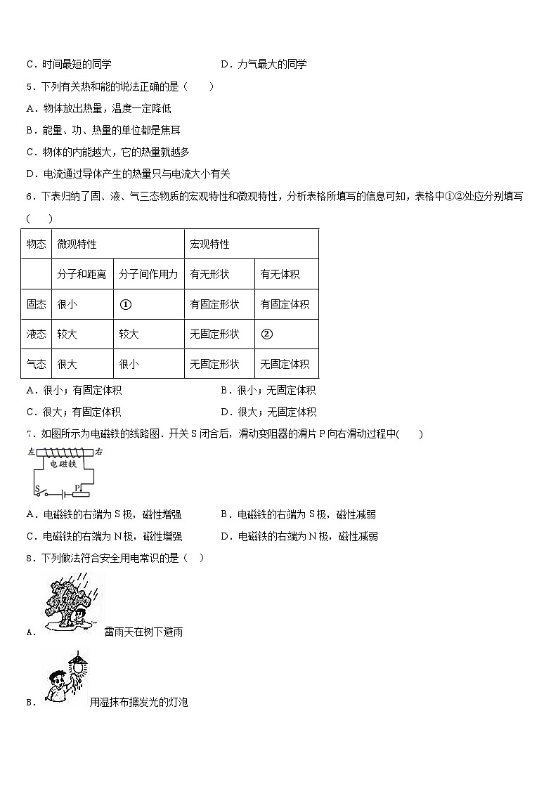 吉林省长春市德惠市第十九中学2023-2024学年物理九年级第一学期期末学业水平测试试题含答案02