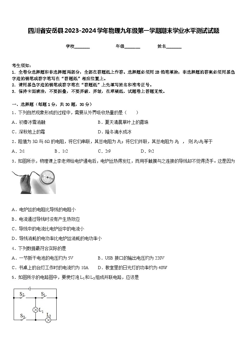 四川省安岳县2023-2024学年物理九年级第一学期期末学业水平测试试题含答案第1页
