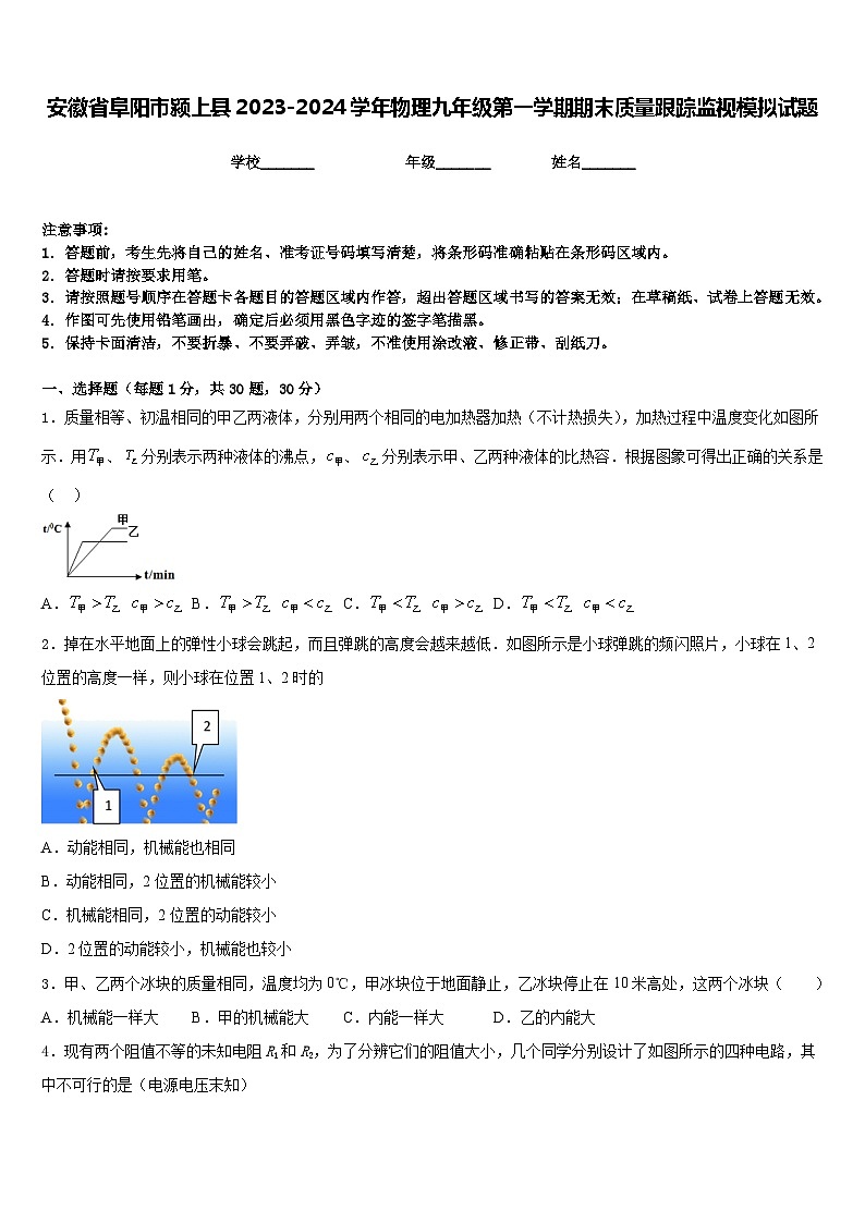 安徽省阜阳市颍上县2023-2024学年物理九年级第一学期期末质量跟踪监视模拟试题含答案01