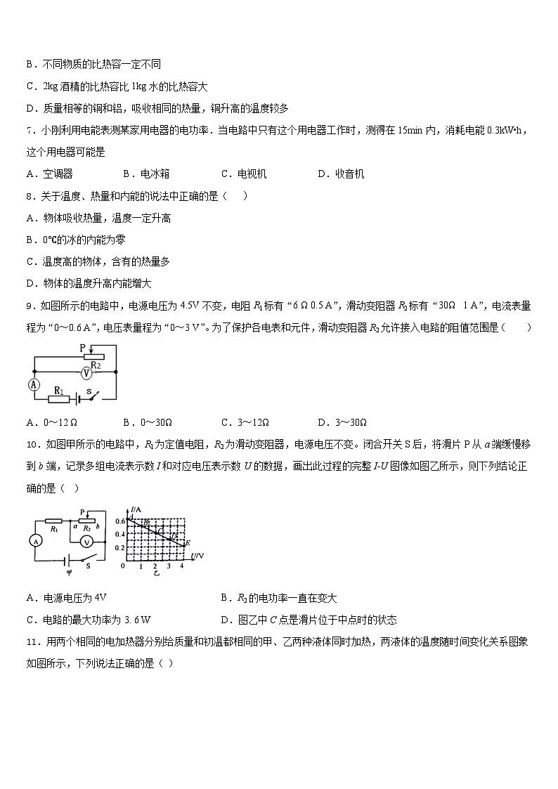 安徽省淮北市第二中学2023-2024学年物理九上期末学业质量监测模拟试题含答案03
