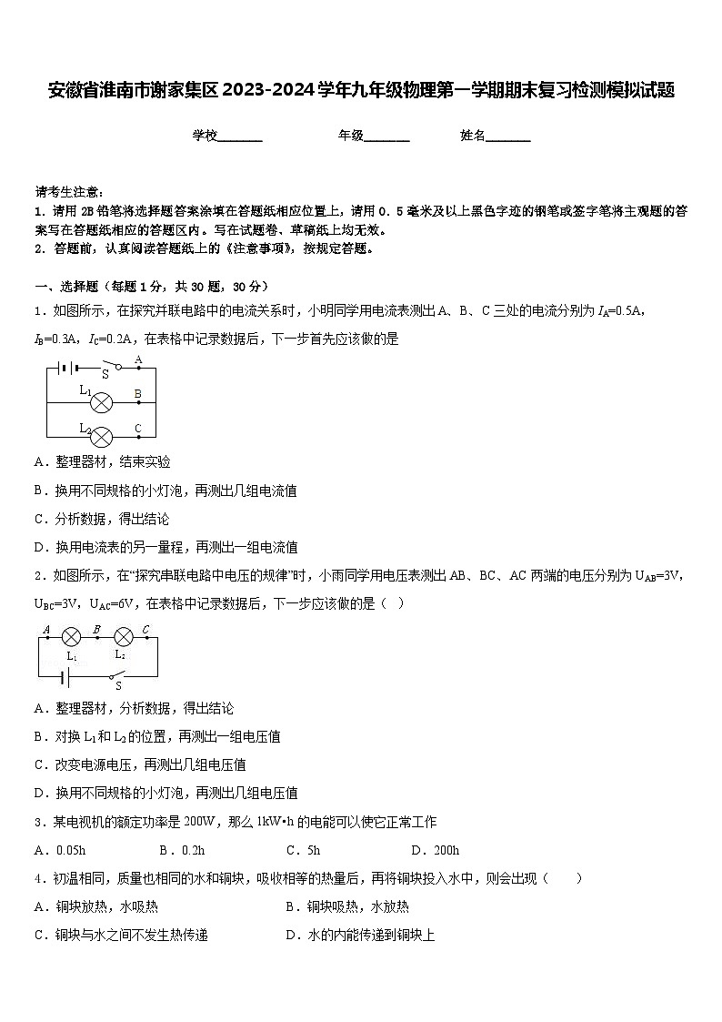 安徽省淮南市谢家集区2023-2024学年九年级物理第一学期期末复习检测模拟试题含答案01