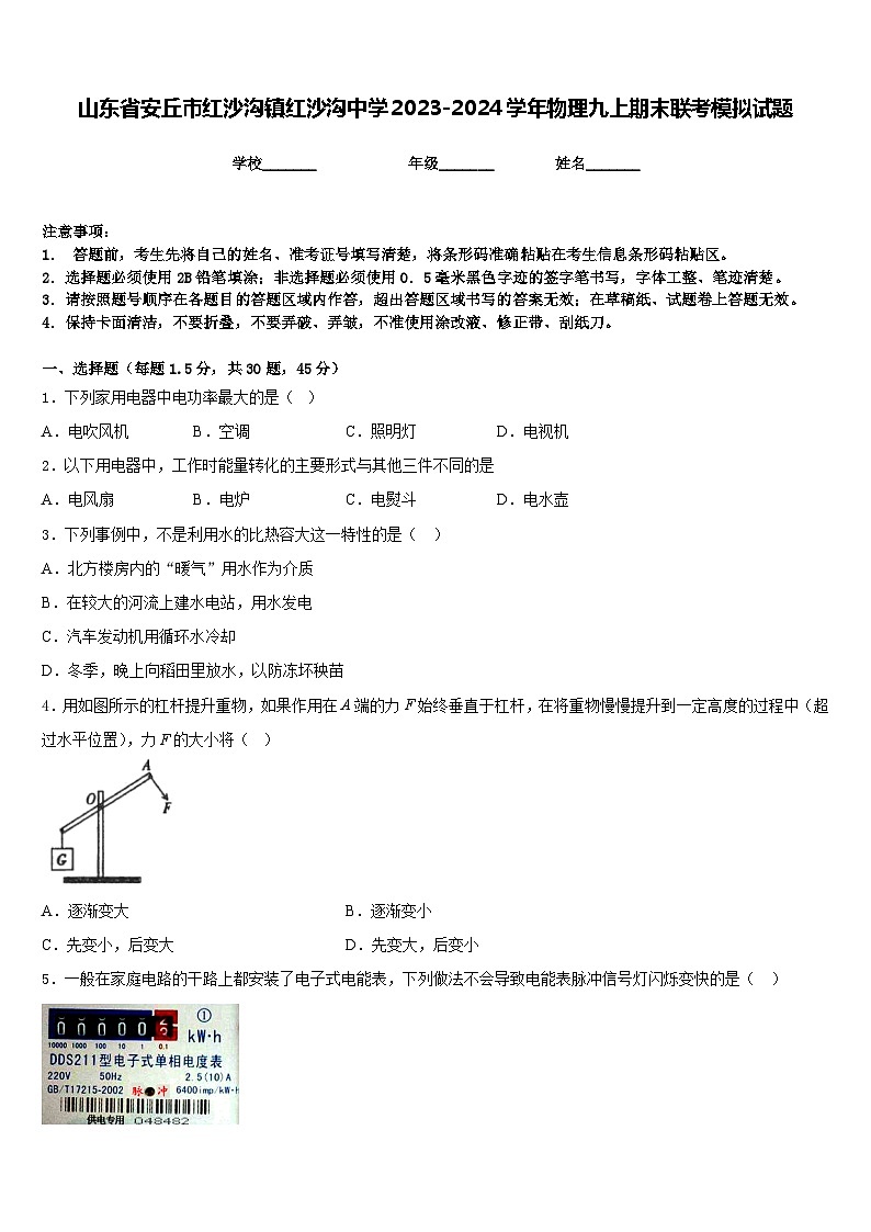 山东省安丘市红沙沟镇红沙沟中学2023-2024学年物理九上期末联考模拟试题含答案第1页