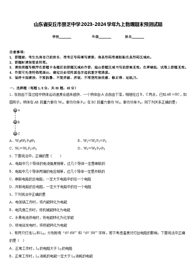 山东省安丘市景芝中学2023-2024学年九上物理期末预测试题含答案第1页