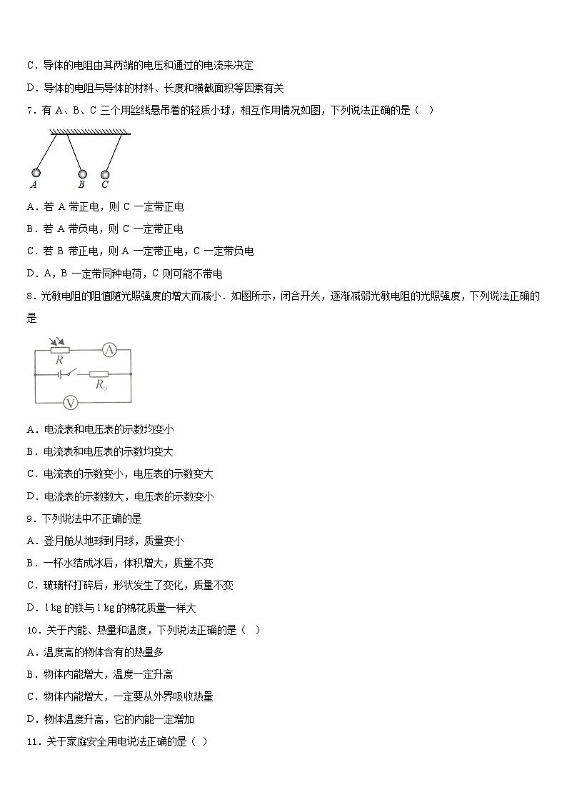 山东省安丘市职工子弟学校2023-2024学年九上物理期末综合测试试题含答案第2页