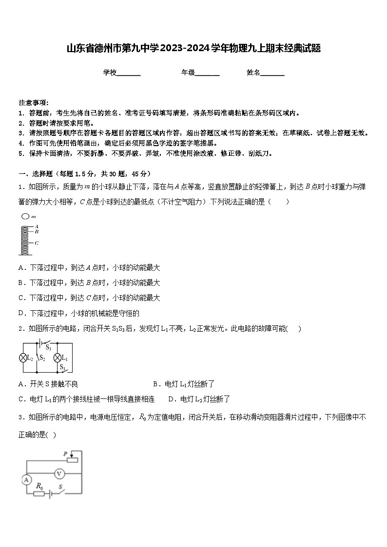 山东省德州市第九中学2023-2024学年物理九上期末经典试题含答案第1页