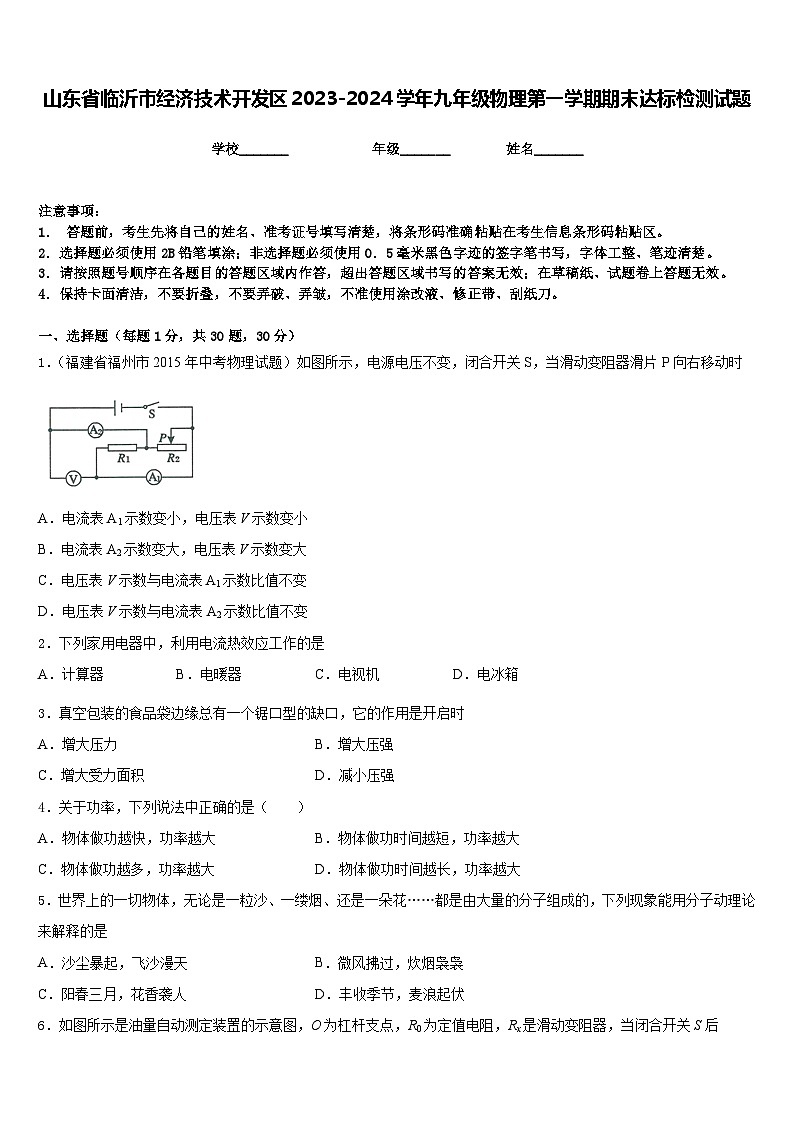 山东省临沂市经济技术开发区2023-2024学年九年级物理第一学期期末达标检测试题含答案第1页