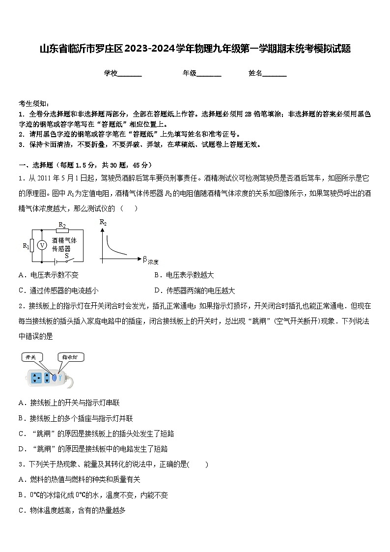 山东省临沂市罗庄区2023-2024学年物理九年级第一学期期末统考模拟试题含答案第1页