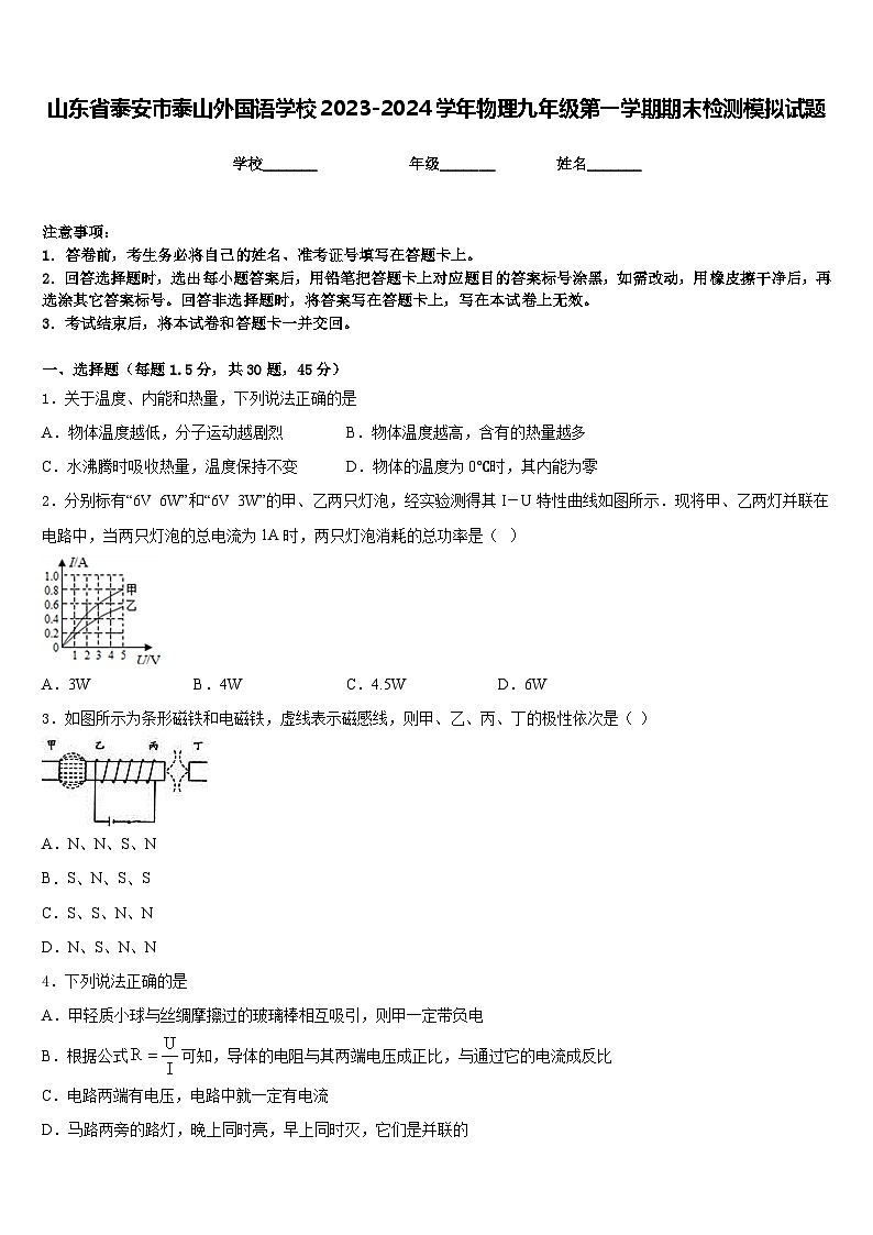 山东省泰安市泰山外国语学校2023-2024学年物理九年级第一学期期末检测模拟试题含答案第1页