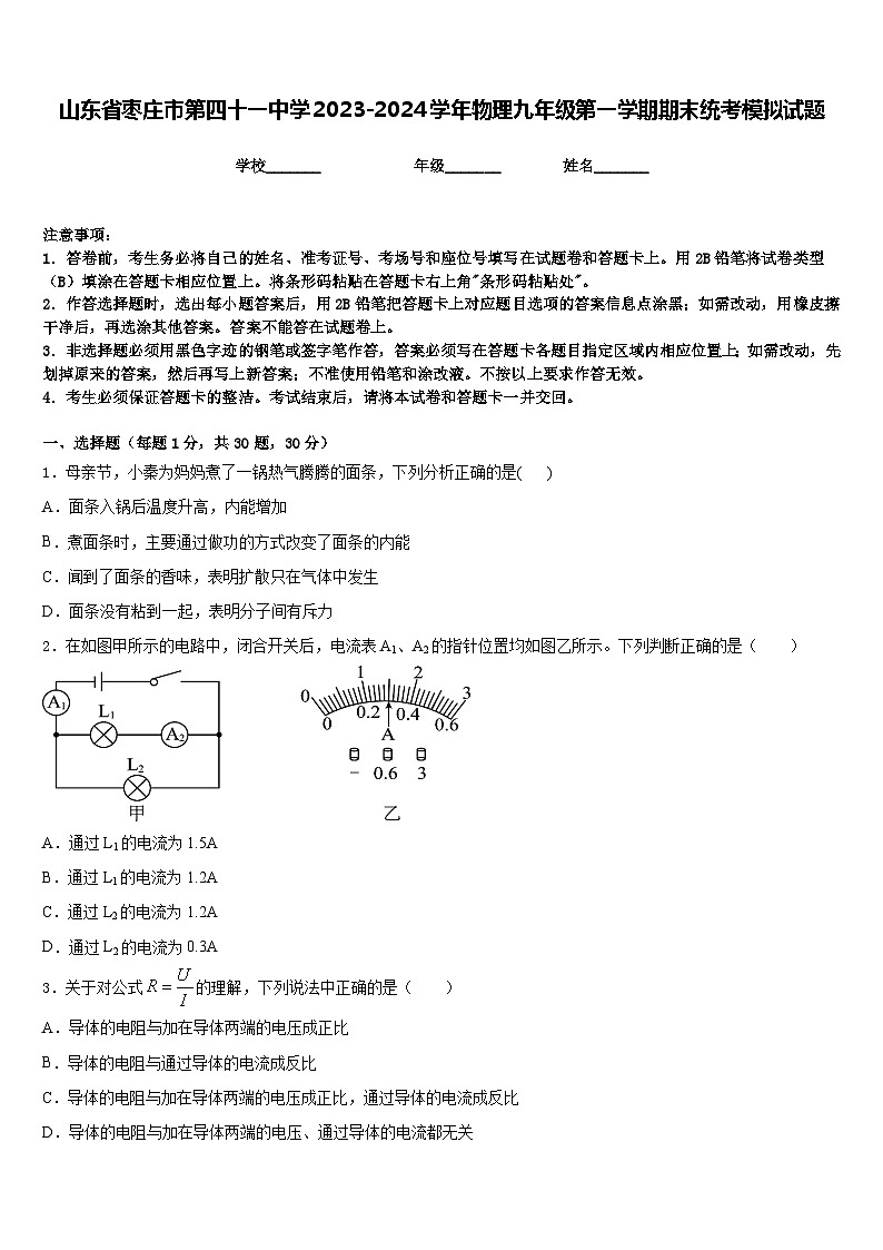 山东省枣庄市第四十一中学2023-2024学年物理九年级第一学期期末统考模拟试题含答案第1页