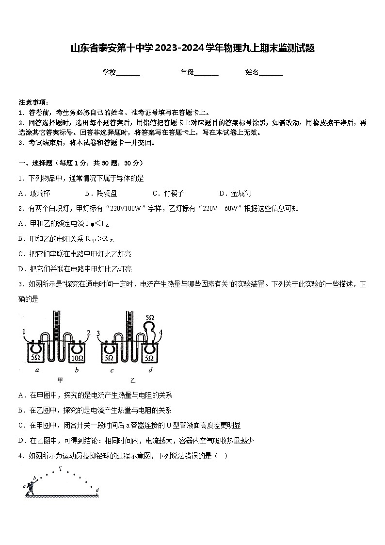 山东省泰安第十中学2023-2024学年物理九上期末监测试题含答案第1页