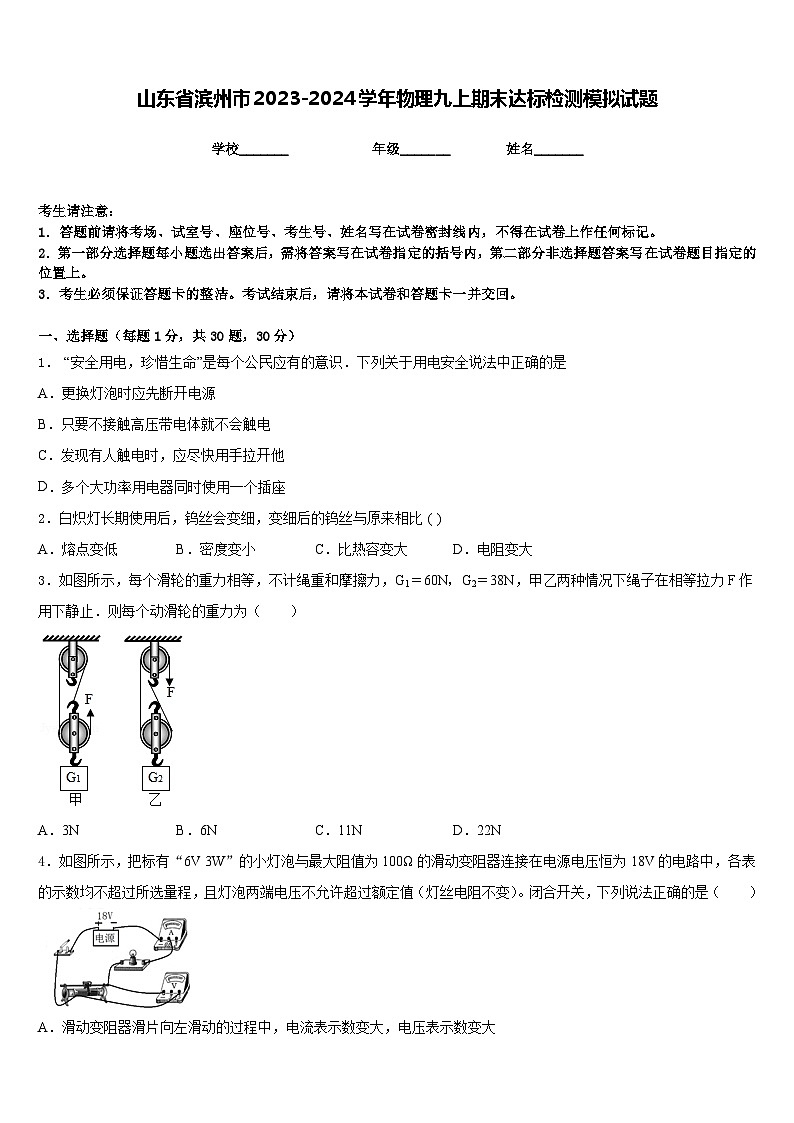 山东省滨州市2023-2024学年物理九上期末达标检测模拟试题含答案第1页