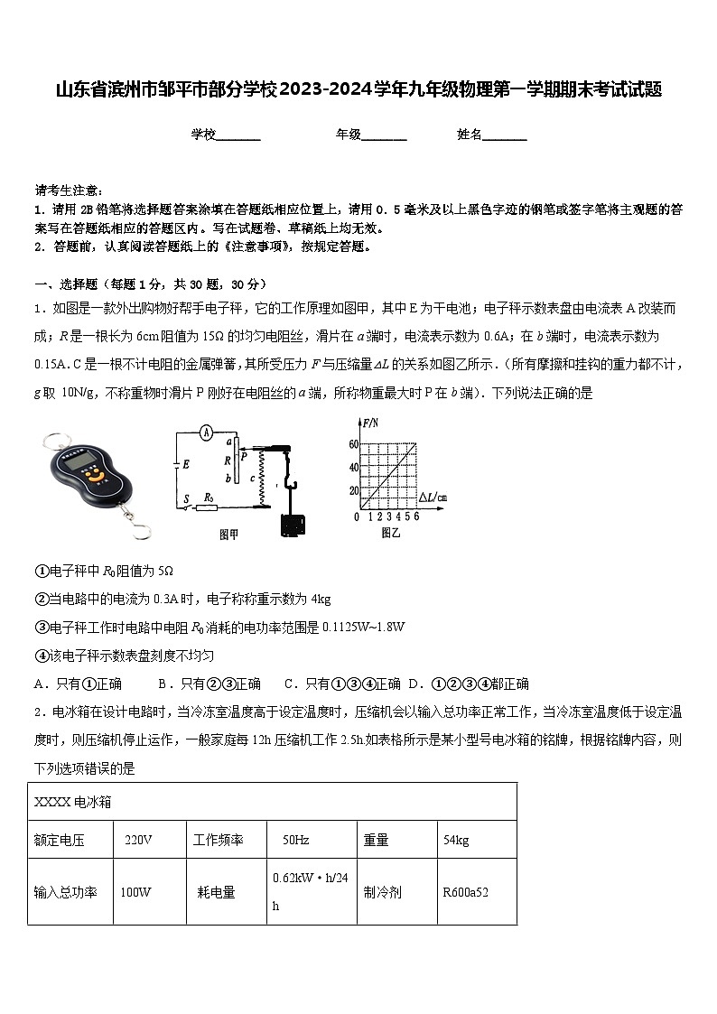 山东省滨州市邹平市部分学校2023-2024学年九年级物理第一学期期末考试试题含答案01