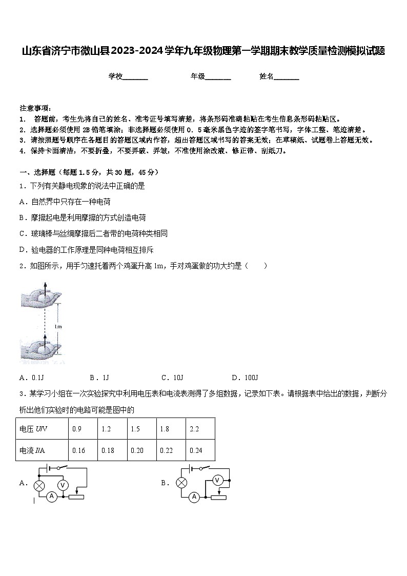 山东省济宁市微山县2023-2024学年九年级物理第一学期期末教学质量检测模拟试题含答案第1页