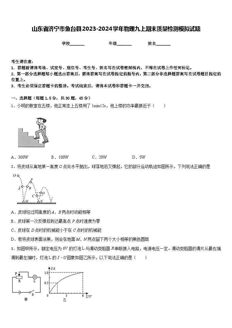 山东省济宁市鱼台县2023-2024学年物理九上期末质量检测模拟试题含答案第1页