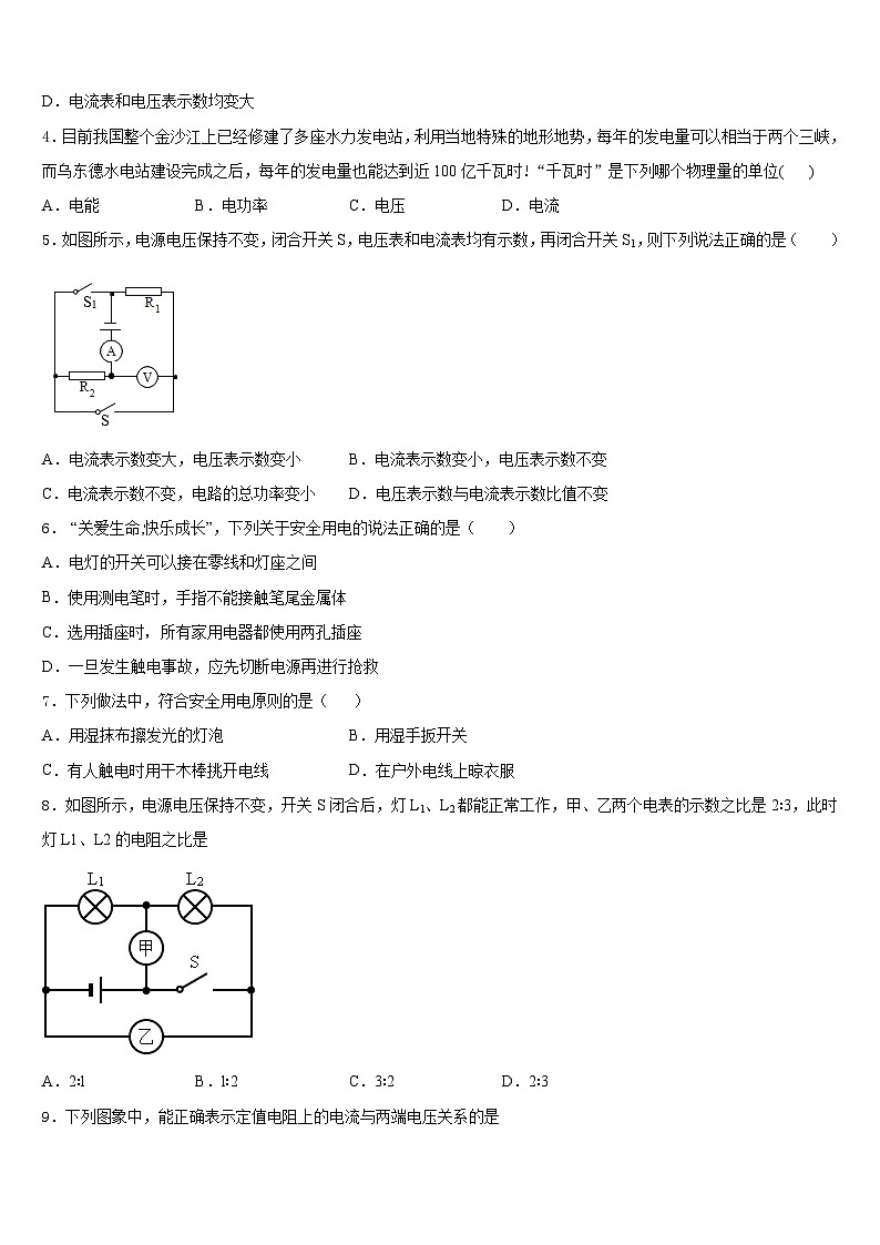 山东省部分县2023-2024学年物理九上期末监测模拟试题含答案02