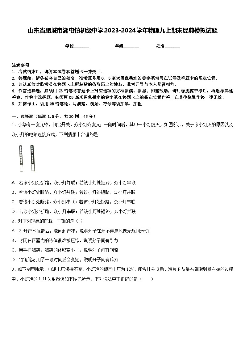 山东省肥城市湖屯镇初级中学2023-2024学年物理九上期末经典模拟试题含答案第1页