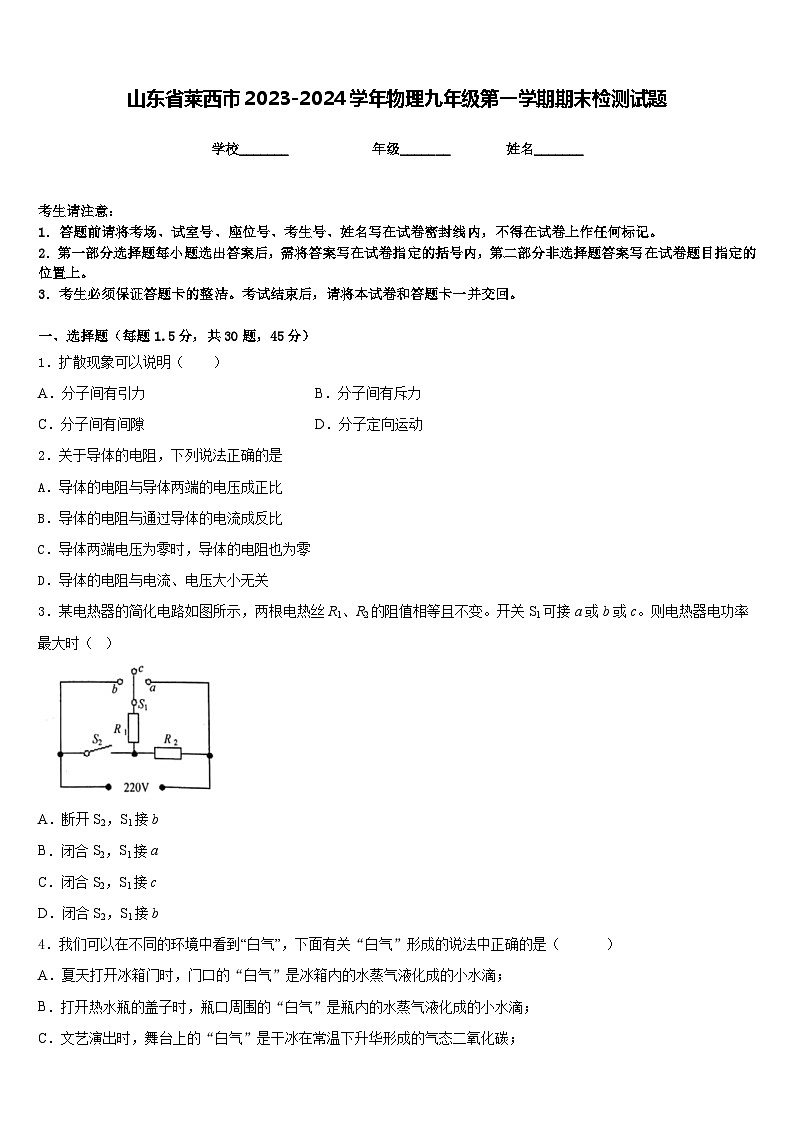 山东省莱西市2023-2024学年物理九年级第一学期期末检测试题含答案01