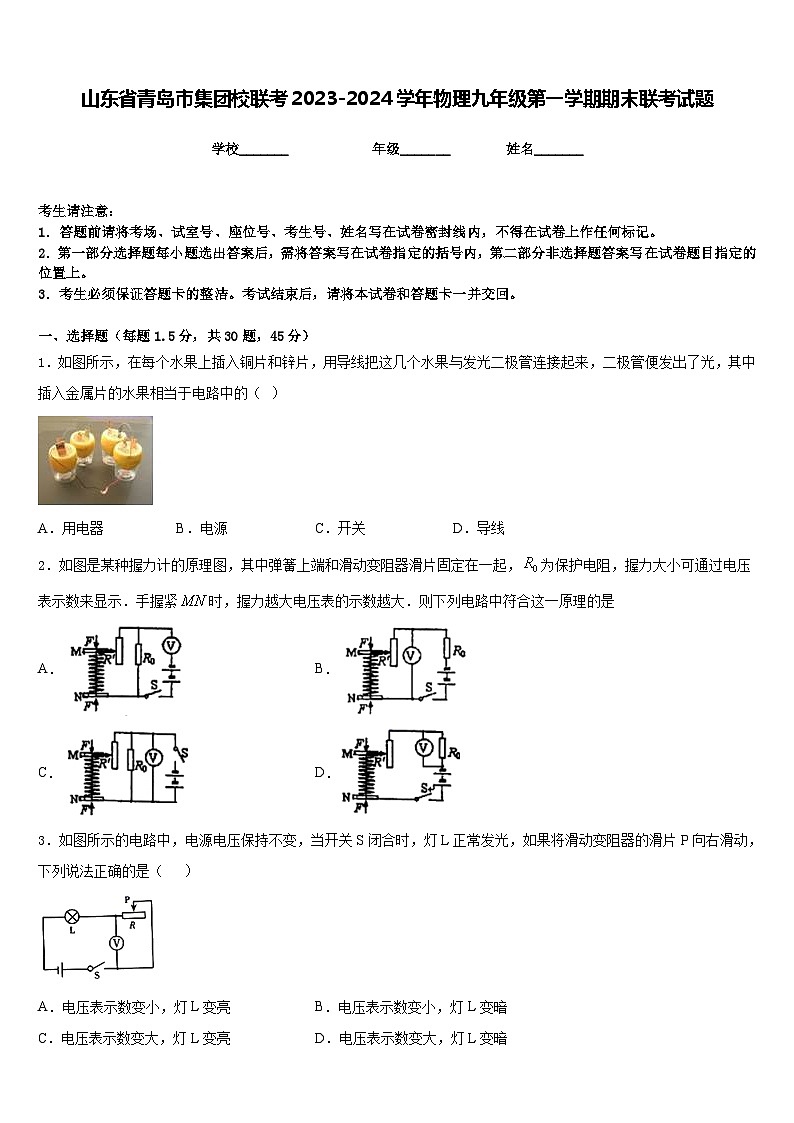 山东省青岛市集团校联考2023-2024学年物理九年级第一学期期末联考试题含答案01