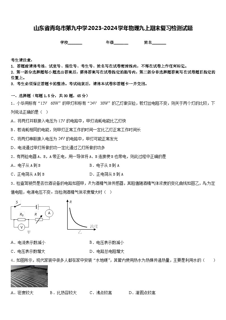 山东省青岛市第九中学2023-2024学年物理九上期末复习检测试题含答案第1页