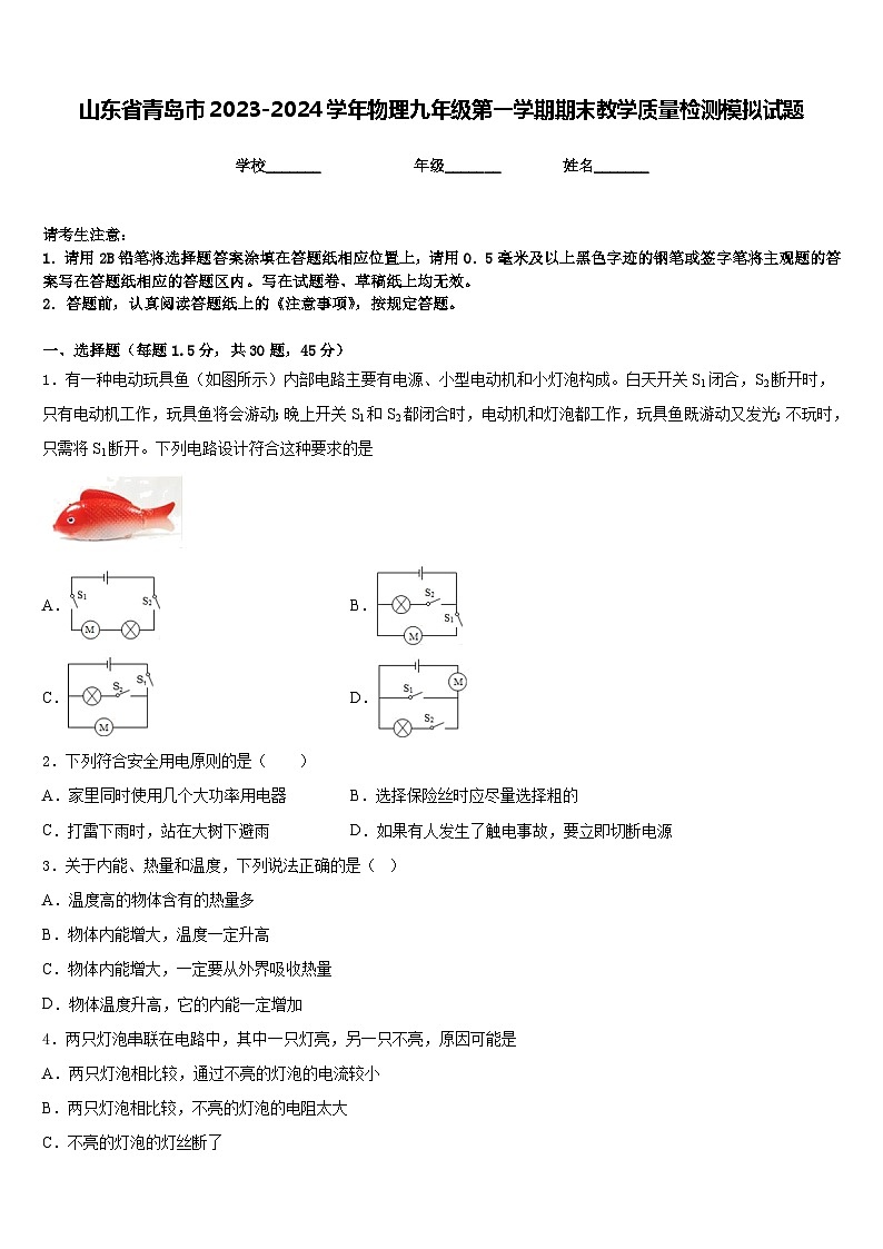 山东省青岛市2023-2024学年物理九年级第一学期期末教学质量检测模拟试题含答案01