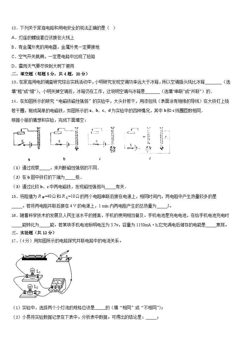 巢湖市重点中学2023-2024学年物理九上期末统考试题含答案03