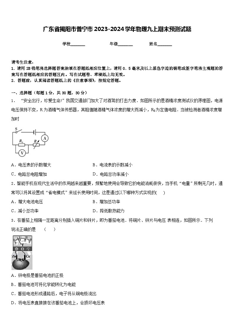 广东省揭阳市普宁市2023-2024学年物理九上期末预测试题含答案01