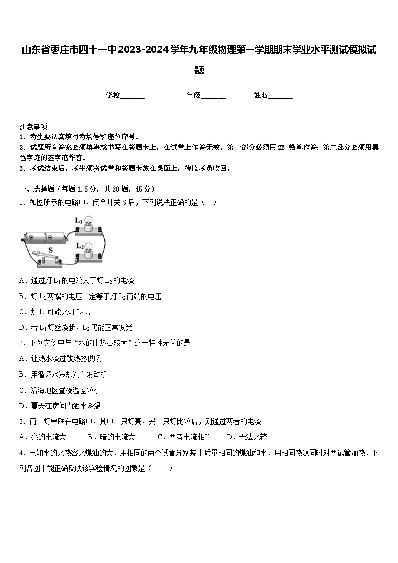 山东省枣庄市四十一中2023-2024学年九年级物理第一学期期末学业水平测试模拟试题含答案01