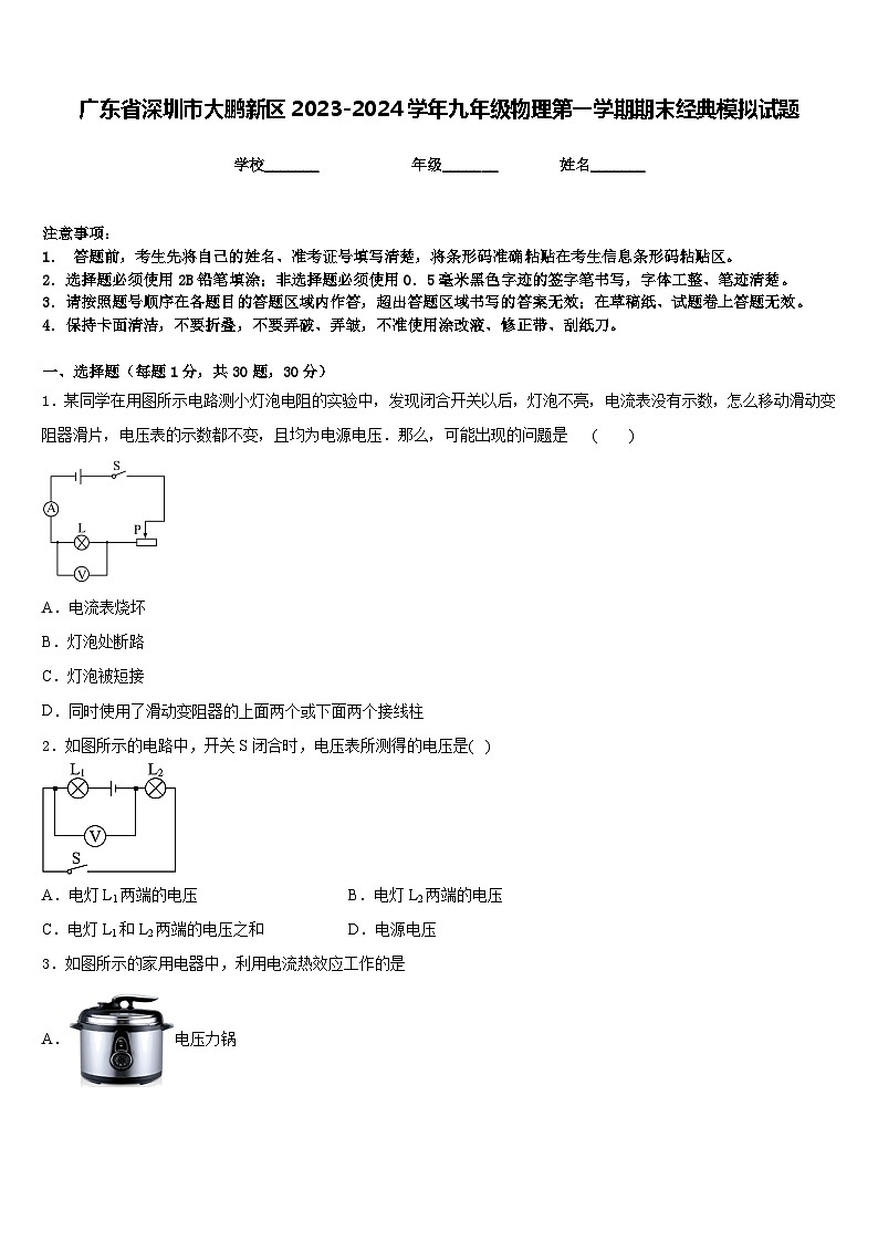 广东省深圳市大鹏新区2023-2024学年九年级物理第一学期期末经典模拟试题含答案01