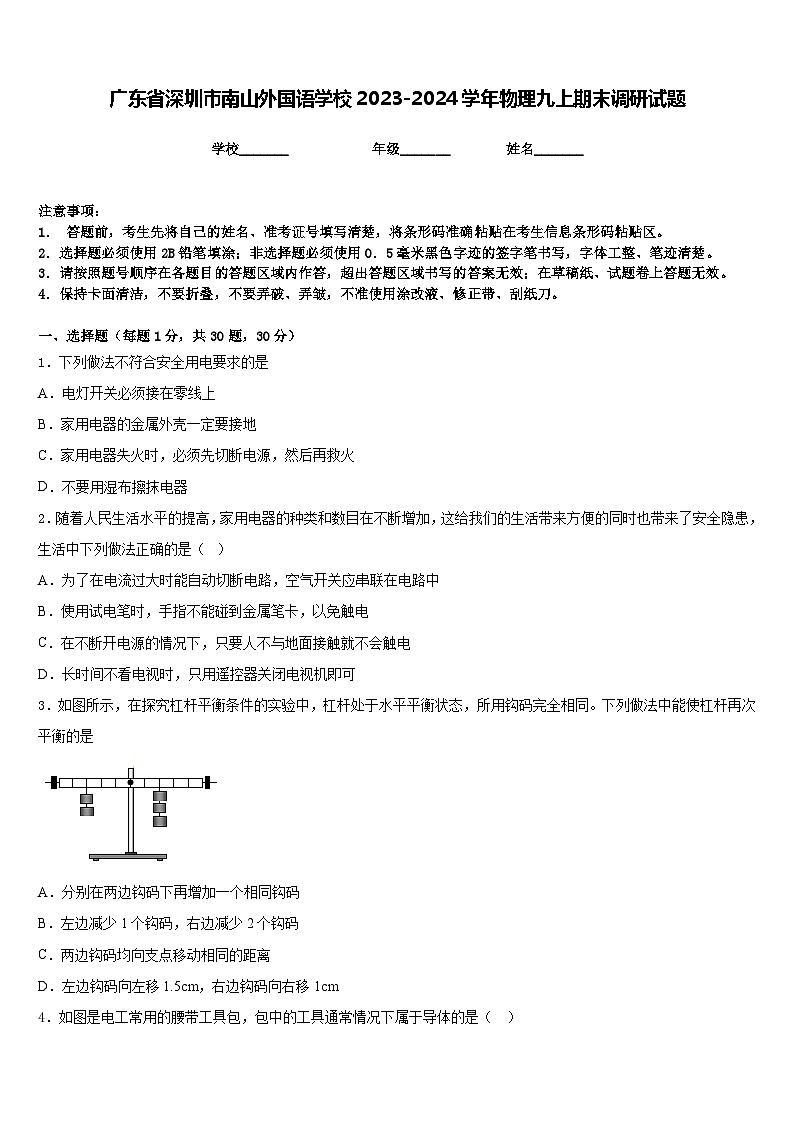 广东省深圳市南山外国语学校2023-2024学年物理九上期末调研试题含答案第1页