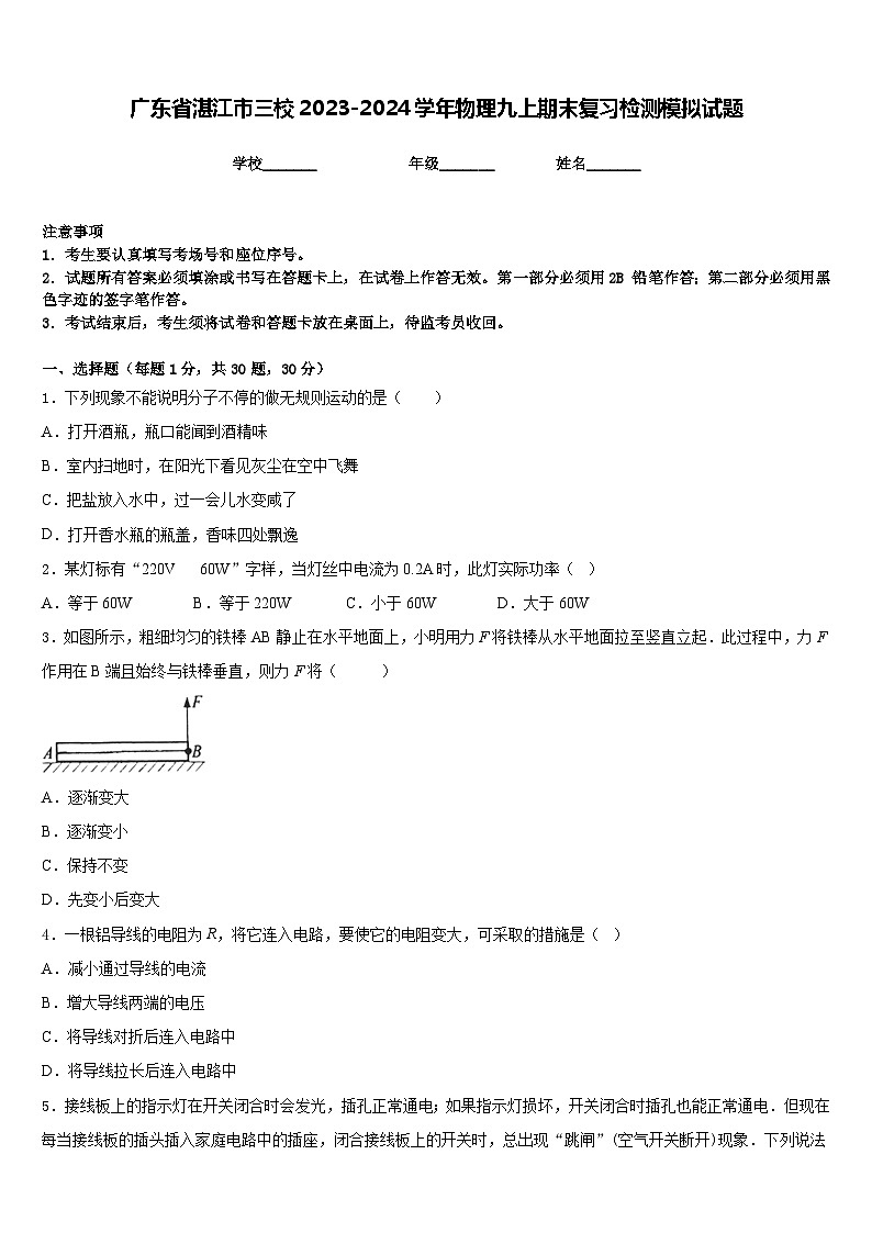 广东省湛江市三校2023-2024学年物理九上期末复习检测模拟试题含答案第1页