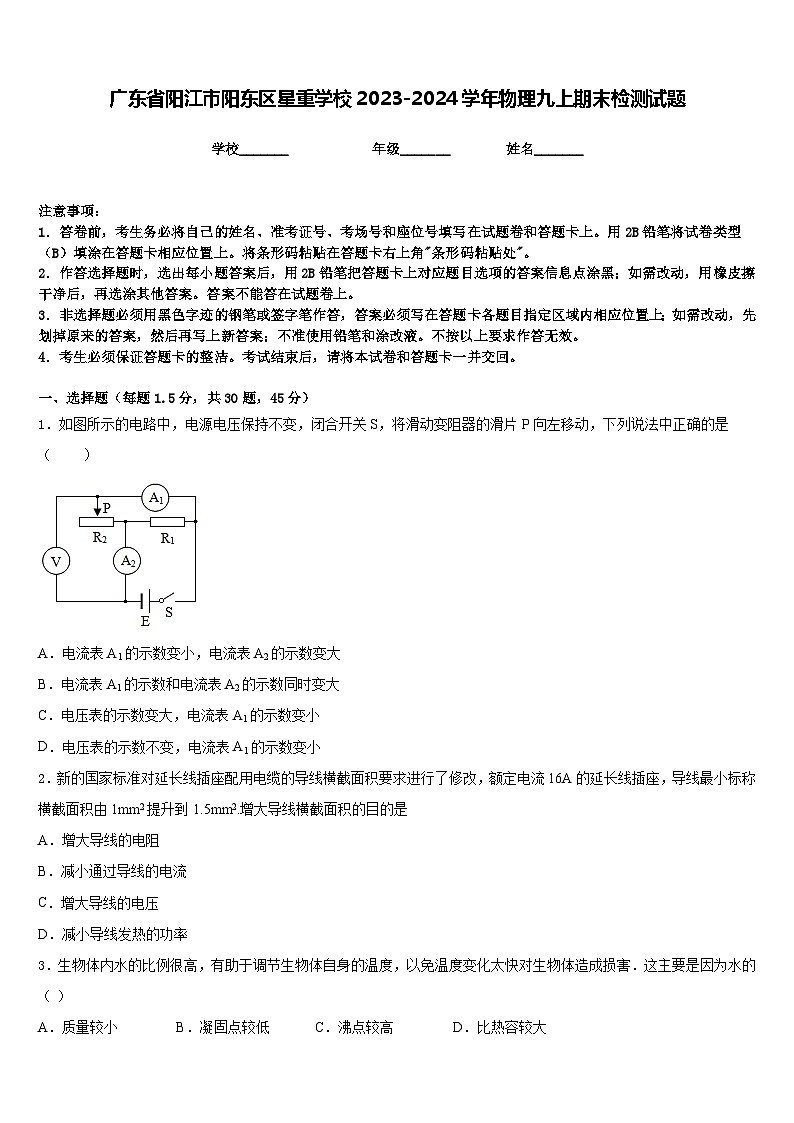 广东省阳江市阳东区星重学校2023-2024学年物理九上期末检测试题含答案01