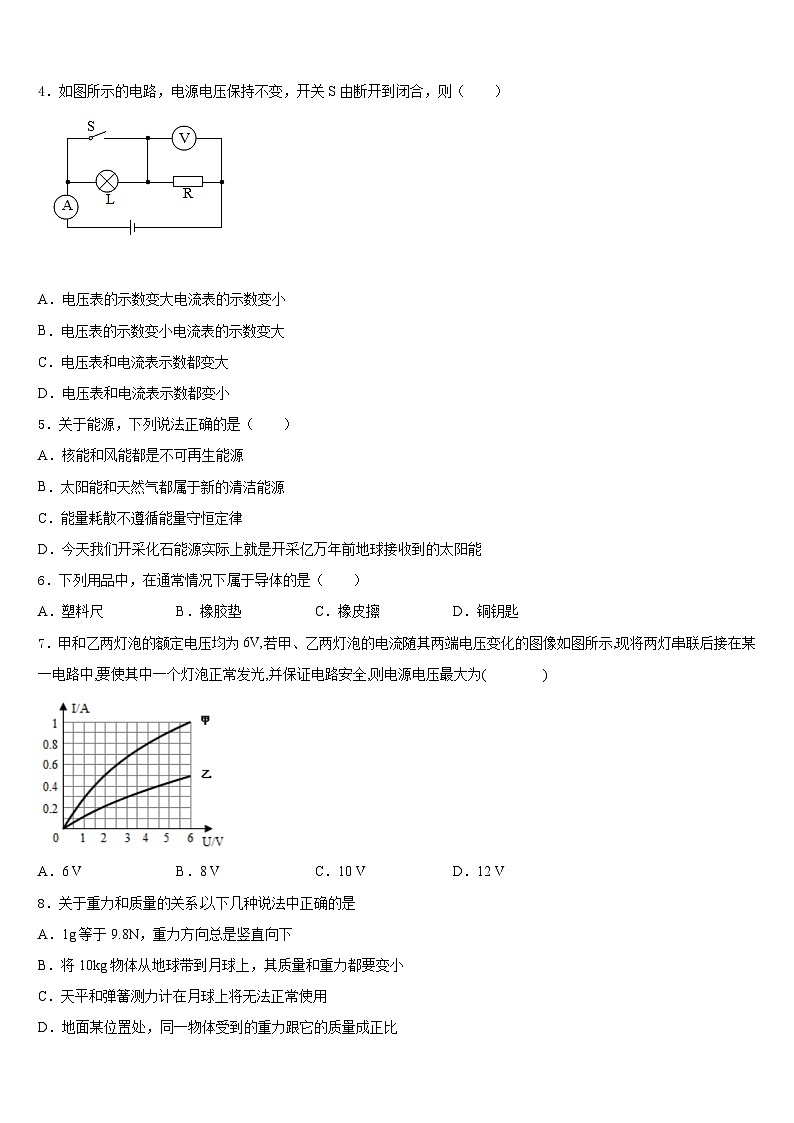 广西岑溪市2023-2024学年物理九年级第一学期期末质量检测模拟试题含答案02
