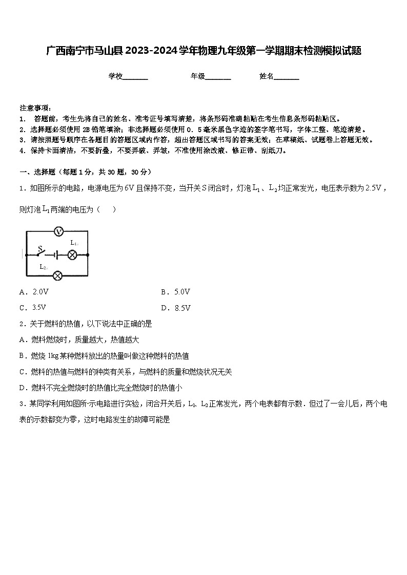 广西南宁市马山县2023-2024学年物理九年级第一学期期末检测模拟试题含答案第1页