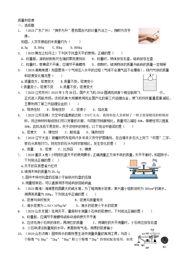 2024年物理中考专题复习5——质量与密度（学生版）第1页