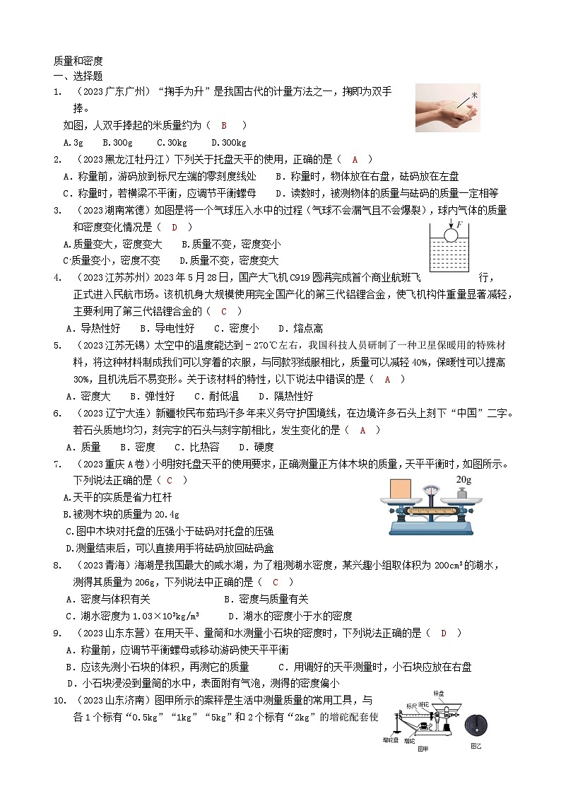 2024年物理中考专题复习5——质量与密度（教师版）第1页