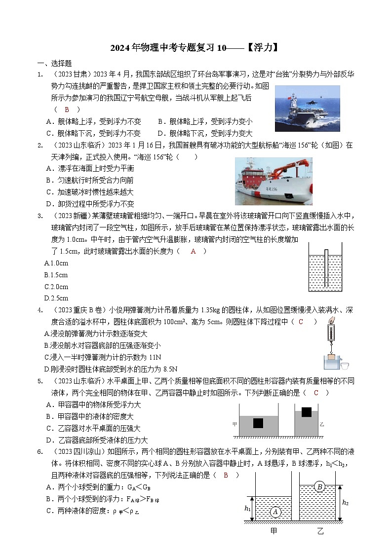 2024年物理中考专题复习10——浮力01