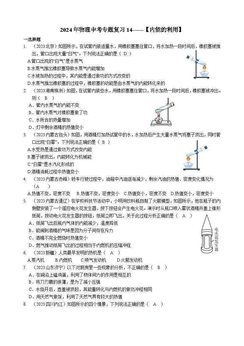 2024年物理中考专题复习14——内能的利用（教师版）第1页