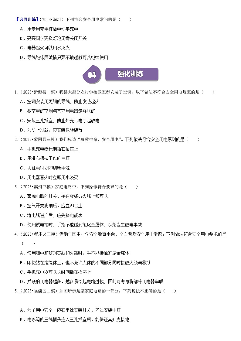 【分层训练】人教版初中物理 九年级全册 19.3+安全用电-练习03