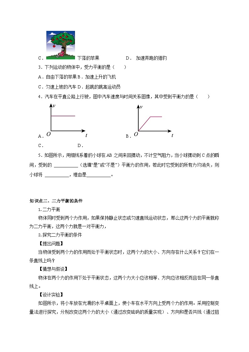 【讲义】人教版 初中物理 八年级下册 第2节  二力平衡（双基过关+考点突破）（原卷版）第2页