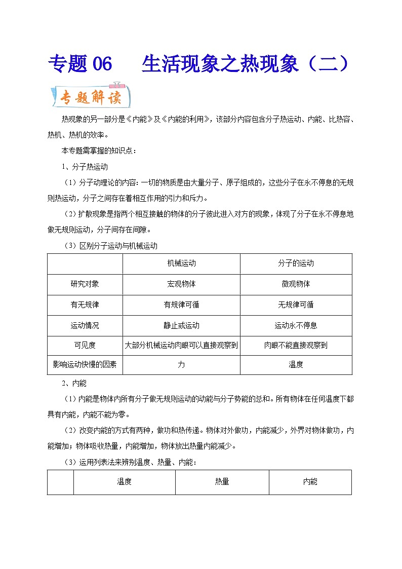专题06   生活现象之热现象（二）  备战中考物理重难点题型专题突破01