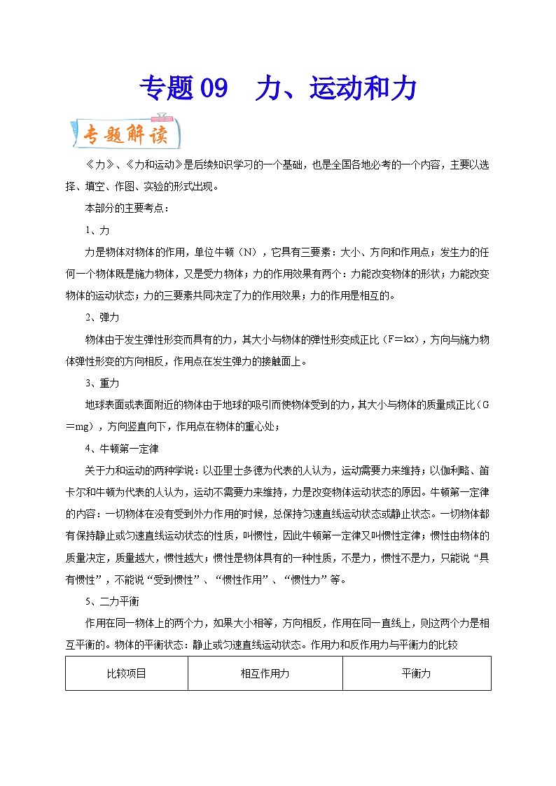 专题09   力、运动和力  备战中考物理重难点题型专题突破01