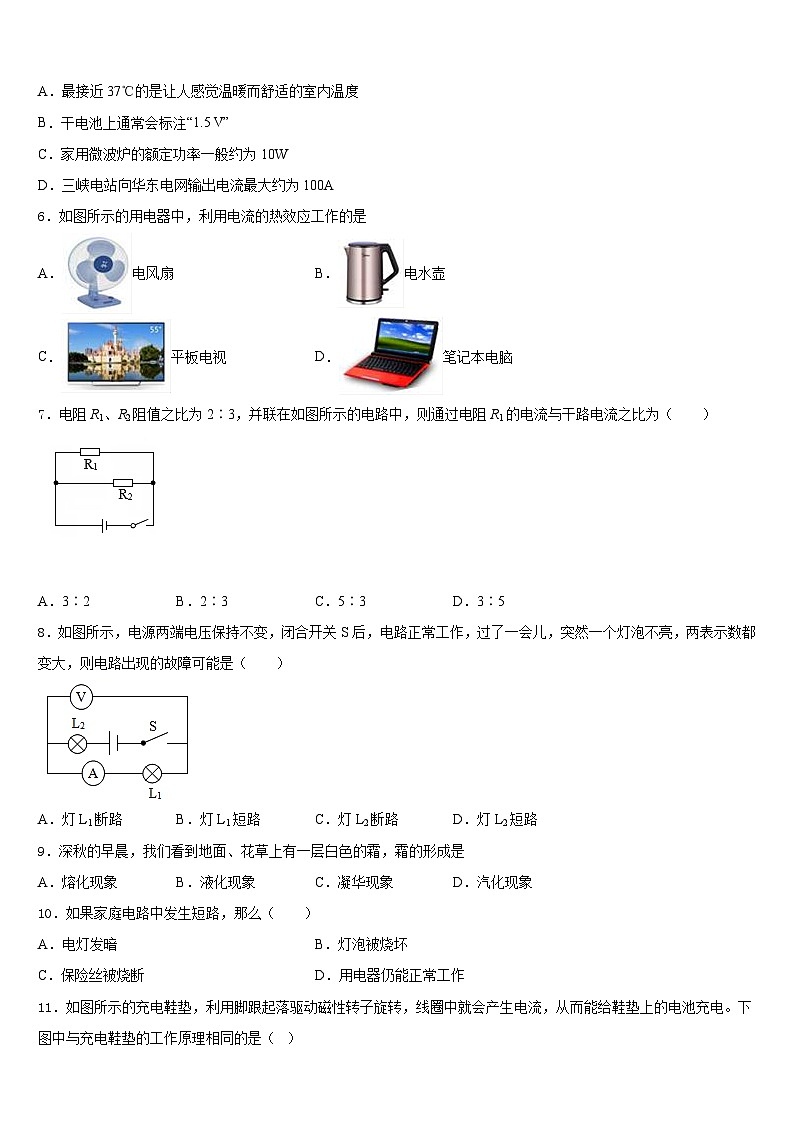 江苏淮安曙光双语学校2023-2024学年九年级物理第一学期期末学业水平测试试题含答案第2页