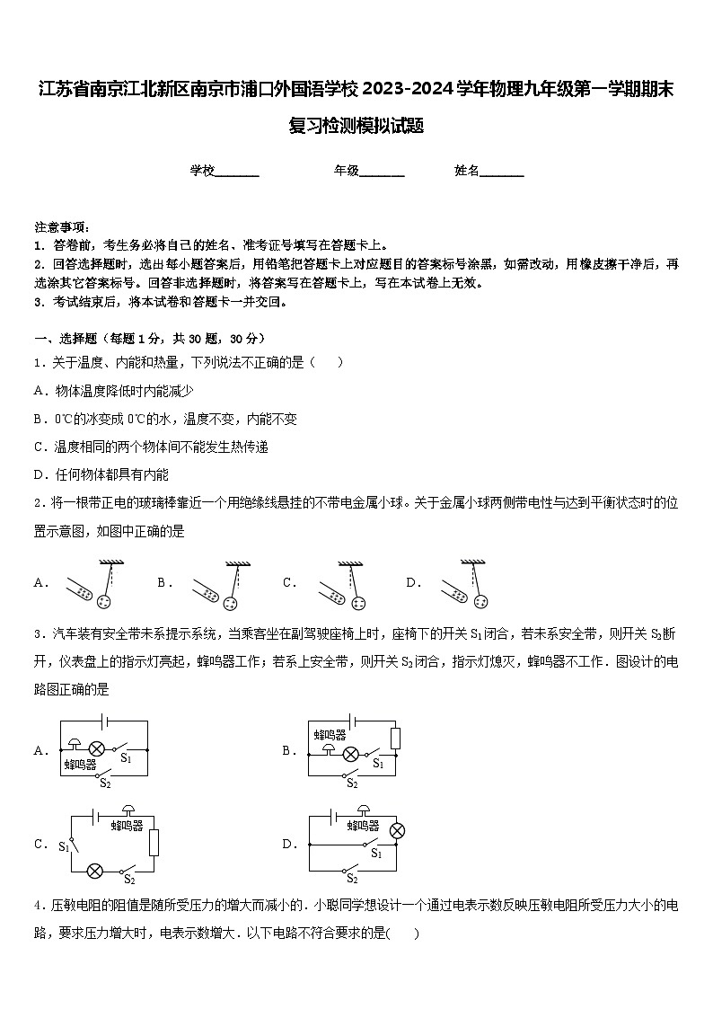 江苏省南京江北新区南京市浦口外国语学校2023-2024学年物理九年级第一学期期末复习检测模拟试题含答案第1页
