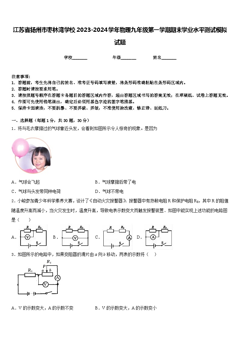 江苏省扬州市枣林湾学校2023-2024学年物理九年级第一学期期末学业水平测试模拟试题含答案01