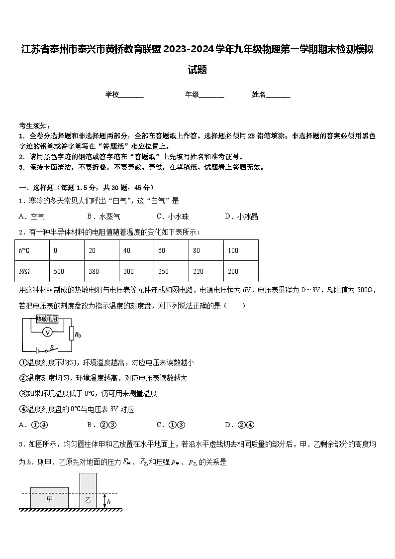江苏省泰州市泰兴市黄桥教育联盟2023-2024学年九年级物理第一学期期末检测模拟试题含答案01