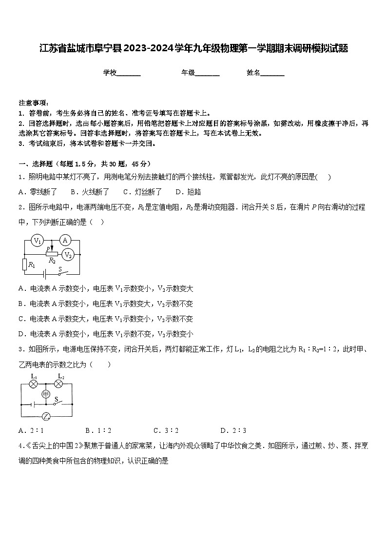 江苏省盐城市阜宁县2023-2024学年九年级物理第一学期期末调研模拟试题含答案01