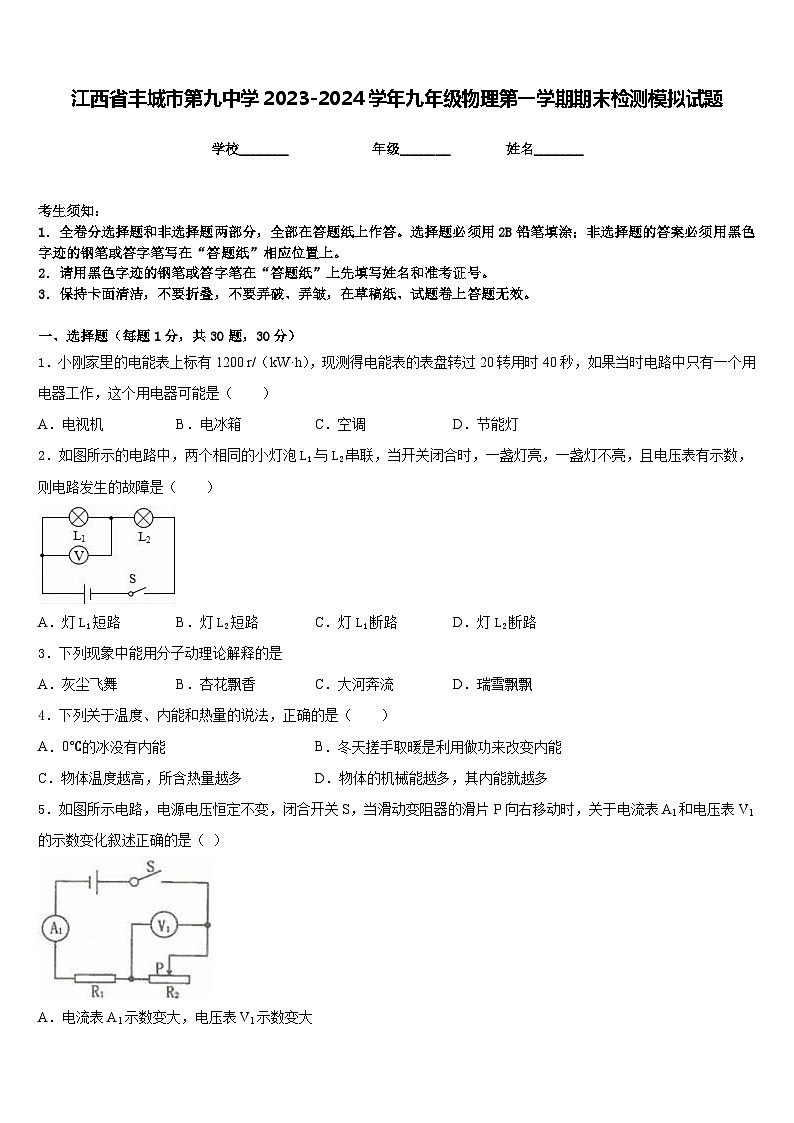 江西省丰城市第九中学2023-2024学年九年级物理第一学期期末检测模拟试题含答案第1页