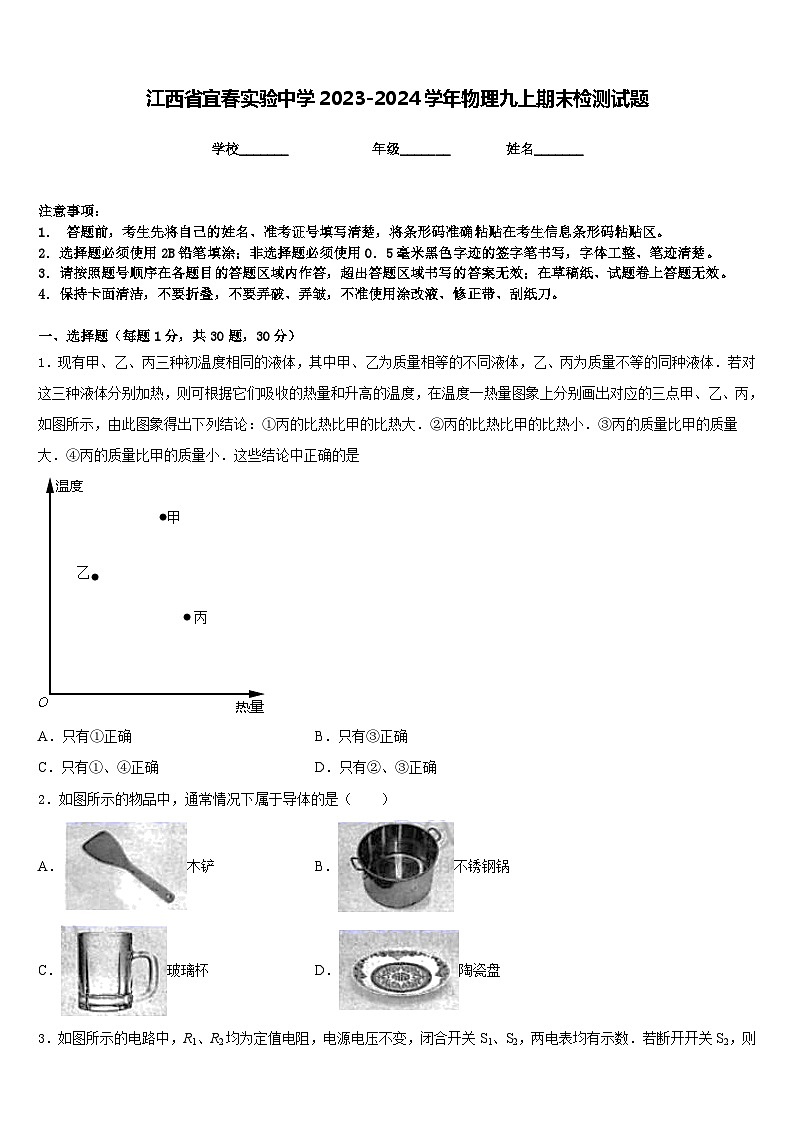 江西省宜春实验中学2023-2024学年物理九上期末检测试题含答案01