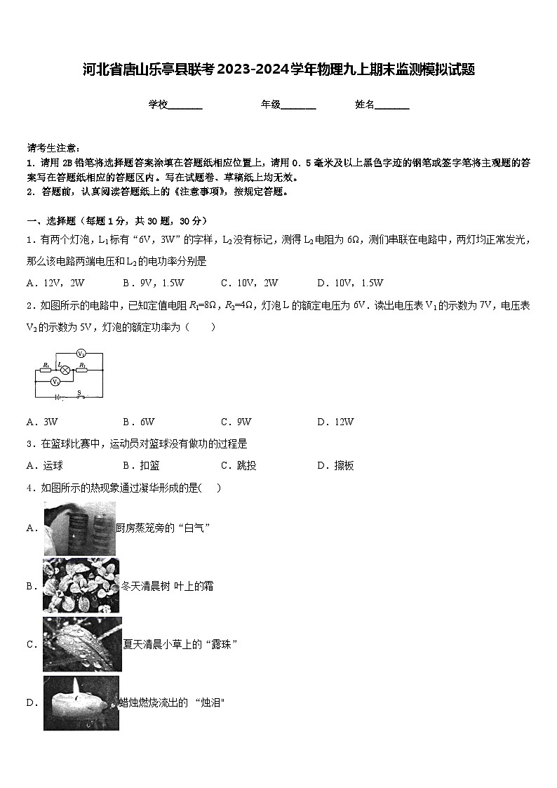河北省唐山乐亭县联考2023-2024学年物理九上期末监测模拟试题含答案第1页