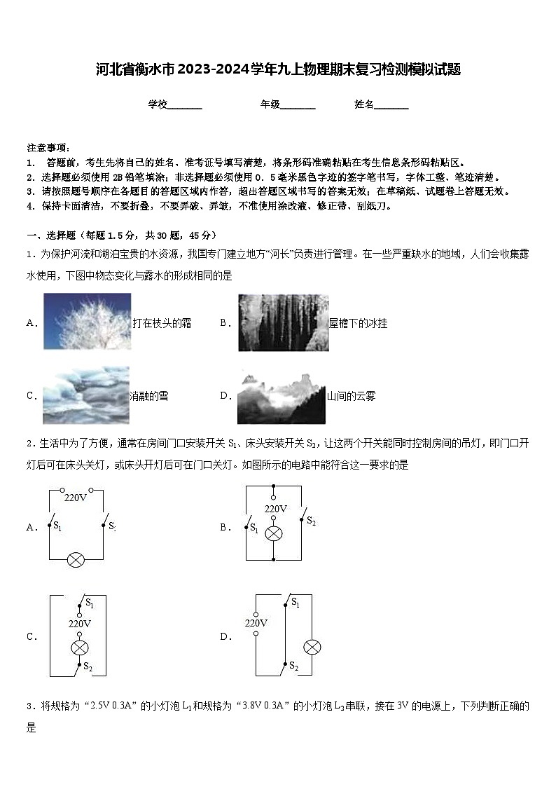 河北省衡水市2023-2024学年九上物理期末复习检测模拟试题含答案01